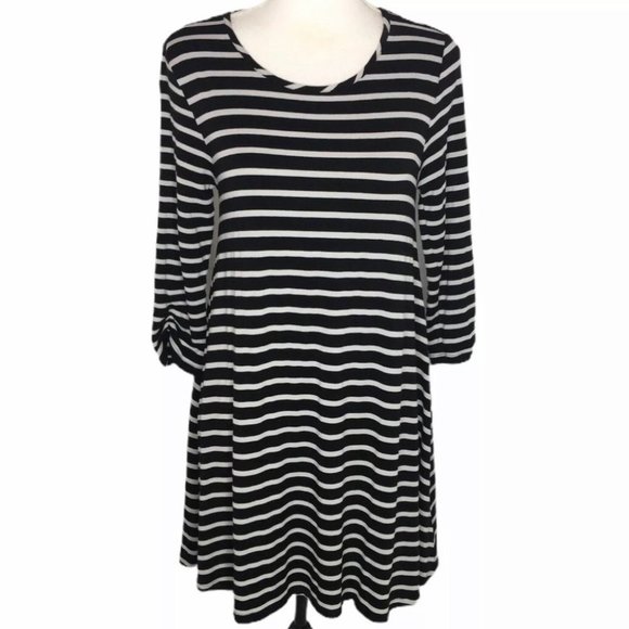 GARNET HILL 3/4 Ruched Sleeve Midi Striped Swing A Line Shirt Dress Small - Picture 1 of 7